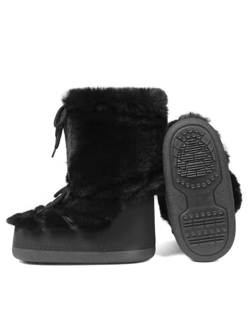 Black Cute Women's Lace-Up Furry Flat Round-Toe Boots